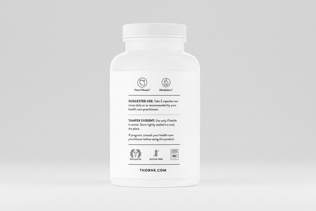 White supplement bottle with black text on a white background