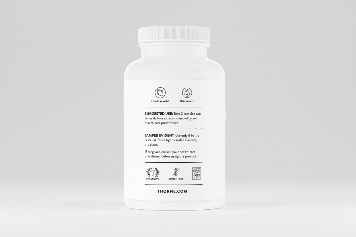 White supplement bottle with black text on a white background