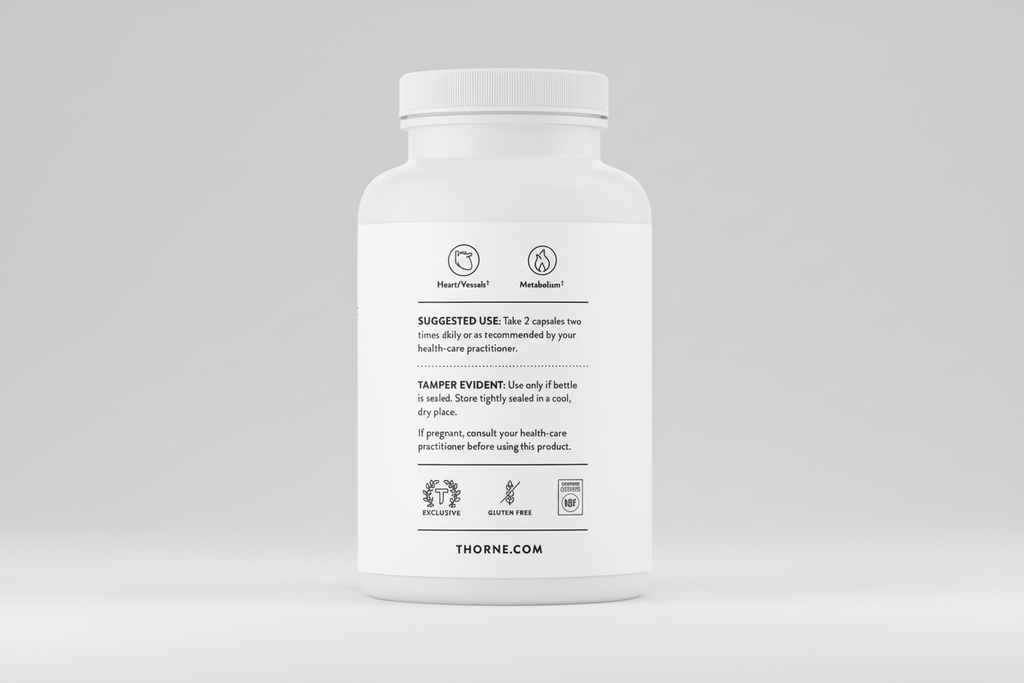 White supplement bottle with black text on a white background