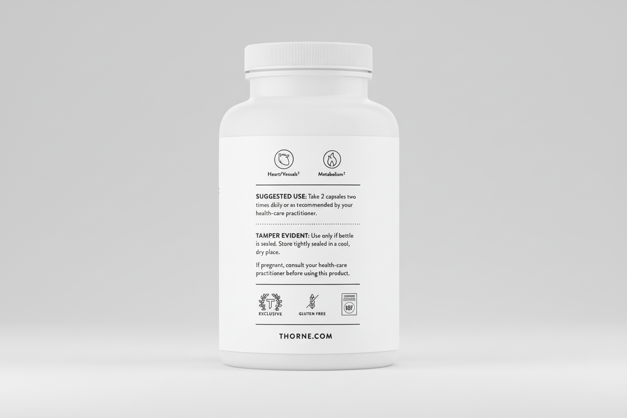 White supplement bottle with black text on a white background