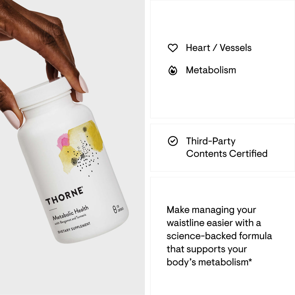 Thorne supplement bottle held by a hand with product details on a white background