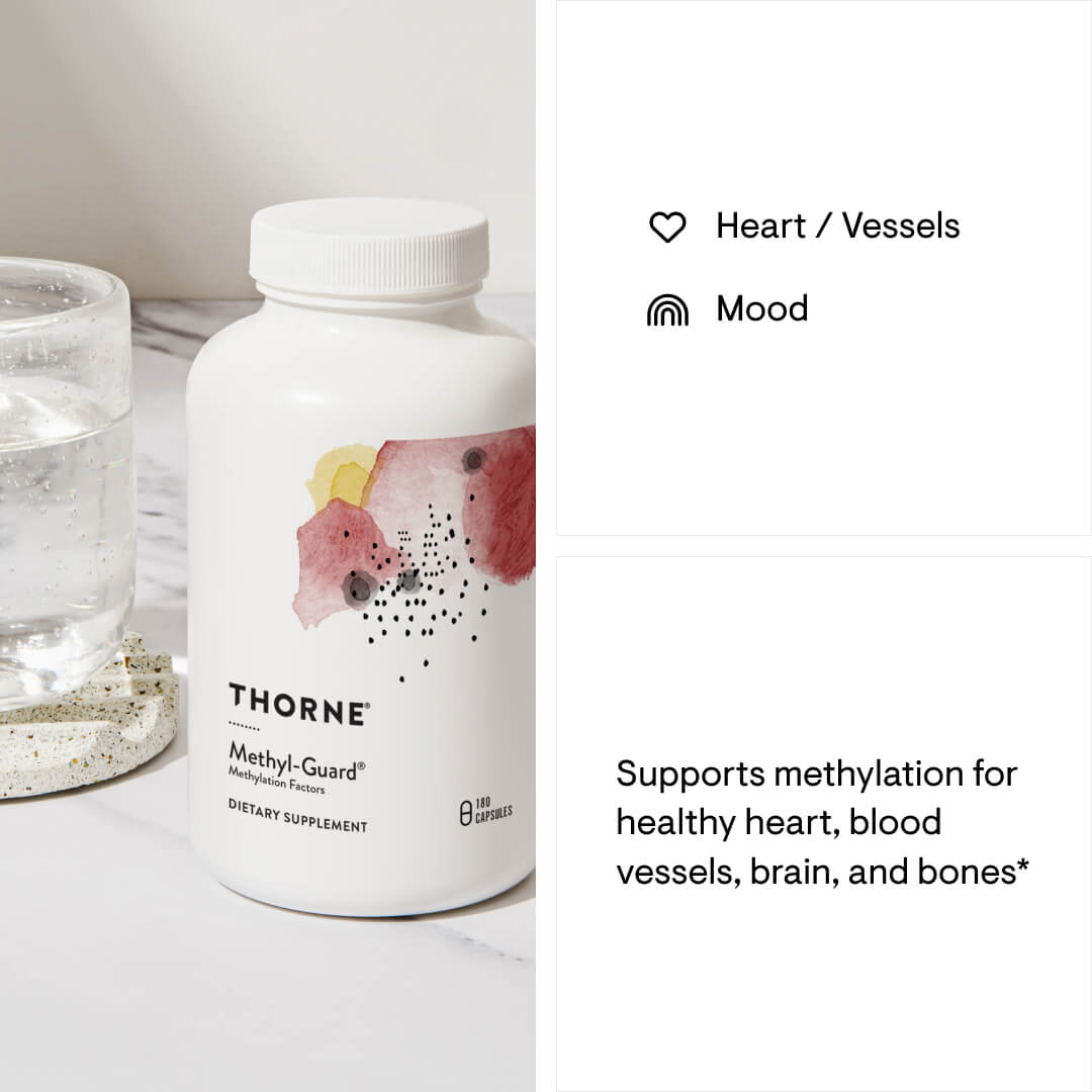 Thorne Methyl-Guard dietary supplement bottle with floral design on a white surface.