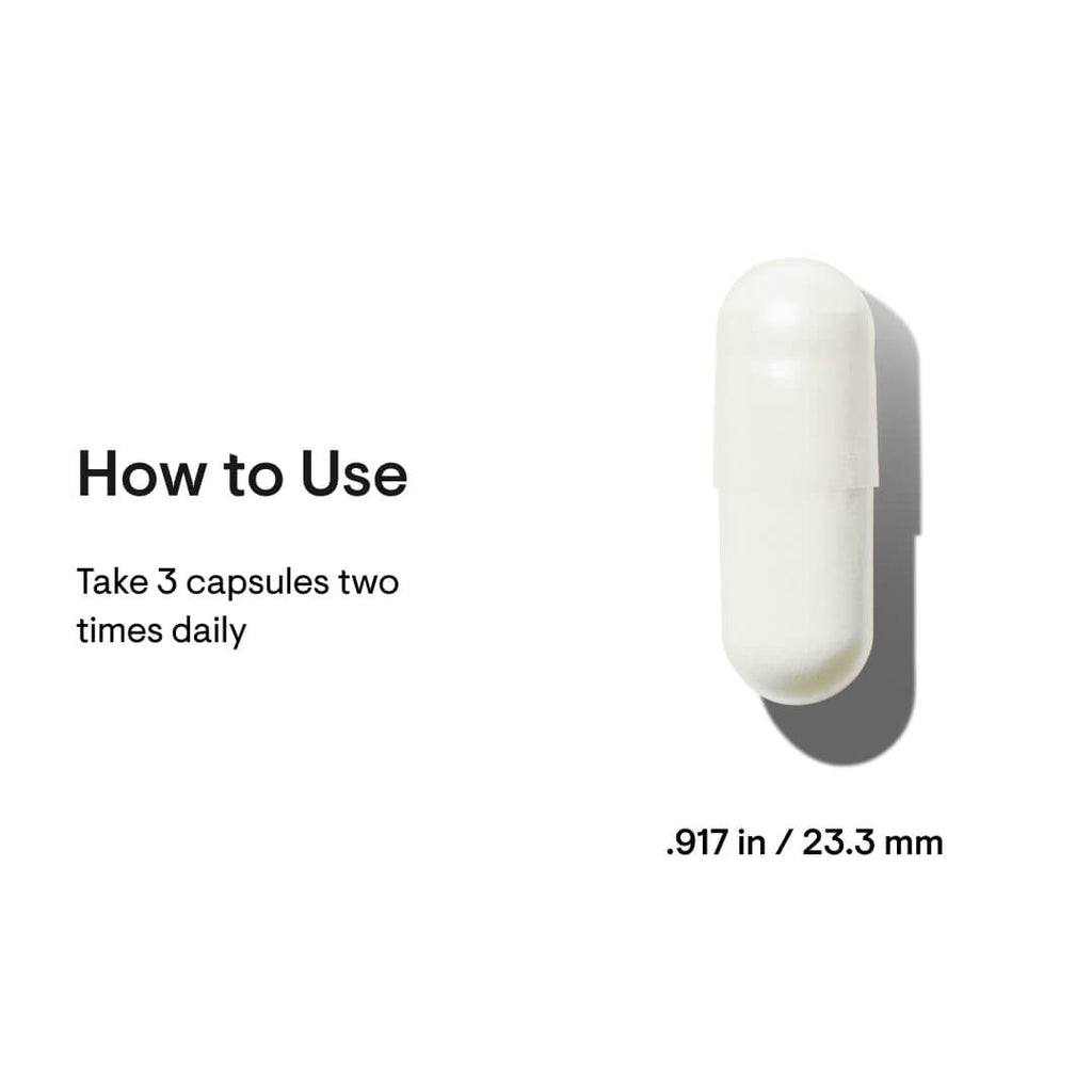 White capsule with 'How to Use' text and dimensions on a white background