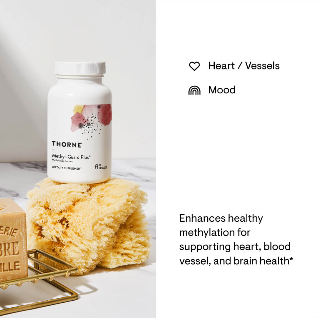 Thorne supplement bottle with a sponge on a marble surface, labeled for heart, vessels, and mood health.