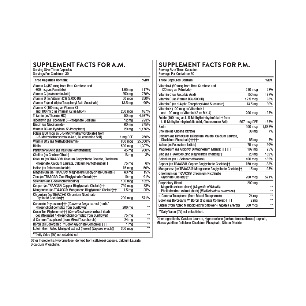 Supplement facts label for A.M. and P.M. use on a white background