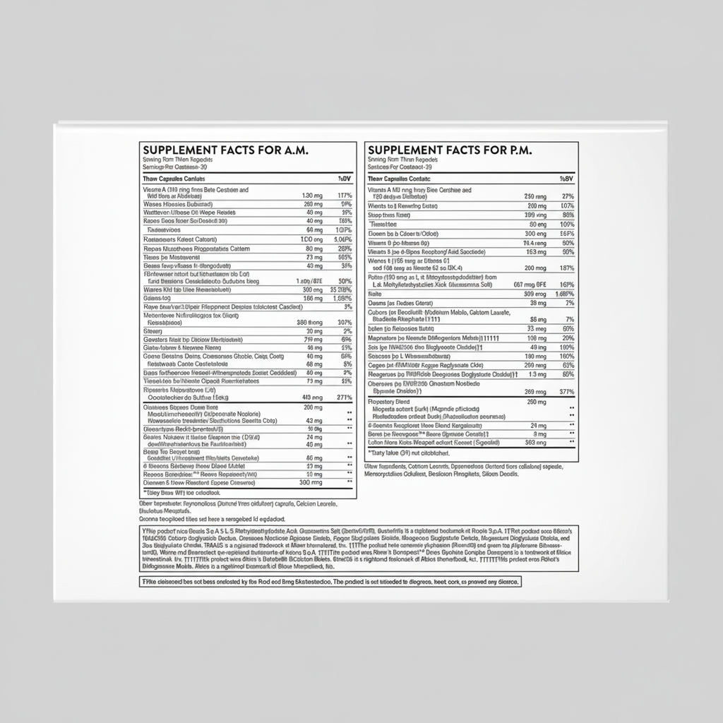 Supplement facts label for A.M. and P.M. use on a white background