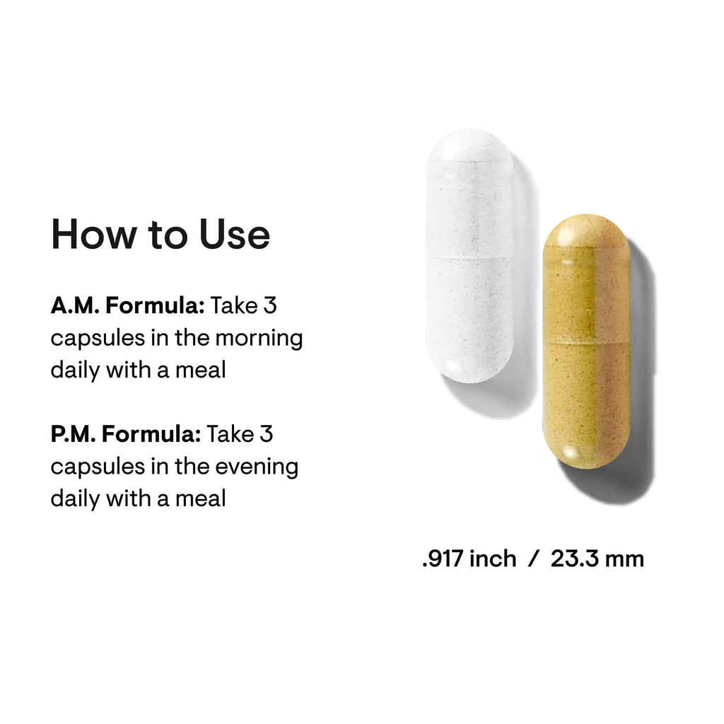 Two capsules, one white and one gold, with usage instructions on a white background.