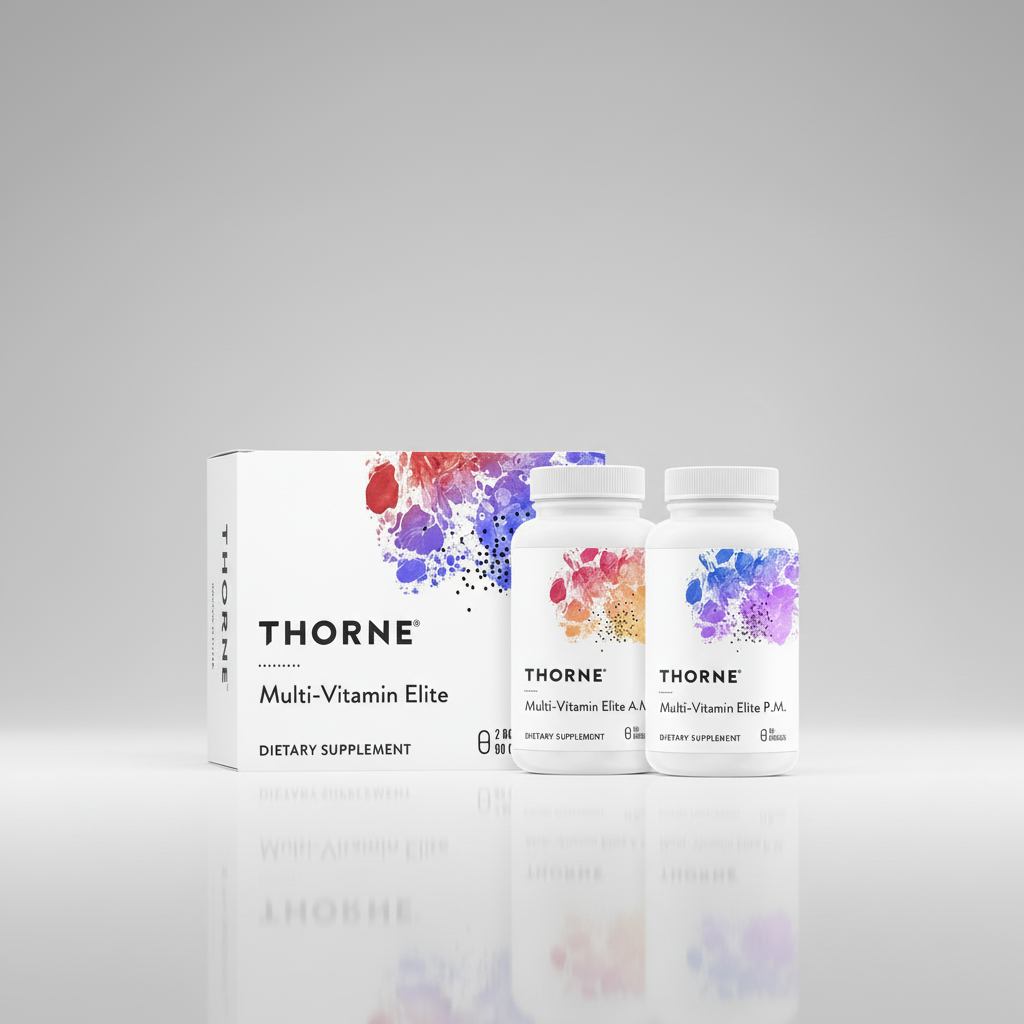 Thorne Multi-Vitamin Elite dietary supplements with colorful label design on a white background