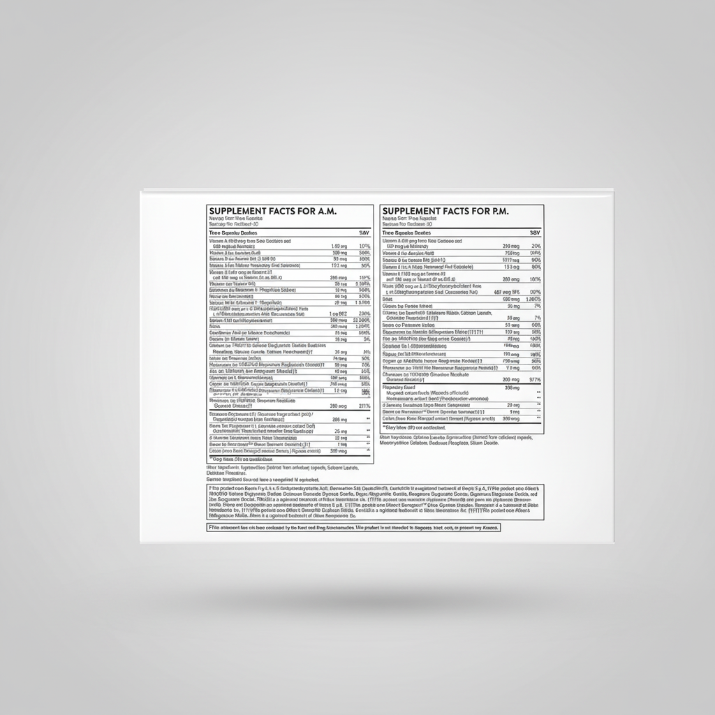 Supplement facts label for A.M. and P.M. use on a white background