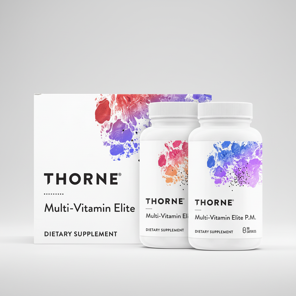 Thorne Multi-Vitamin Elite dietary supplements with colorful label design on a white background