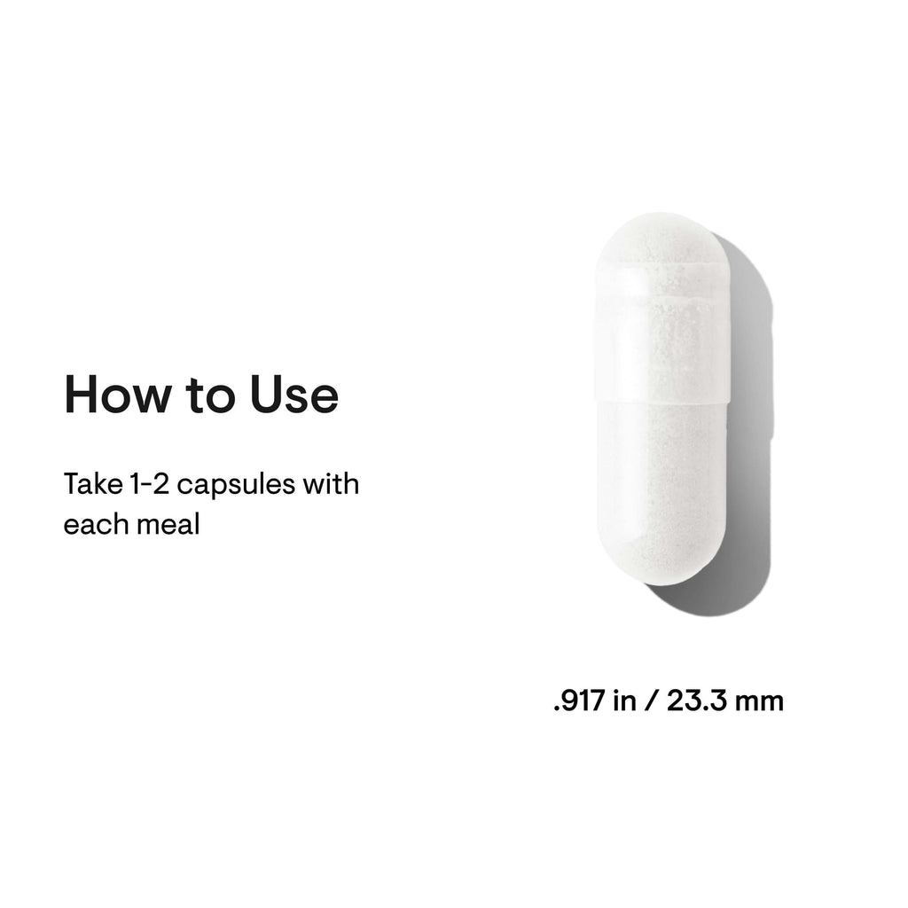 White capsule with text on how to use and dimensions on a white background