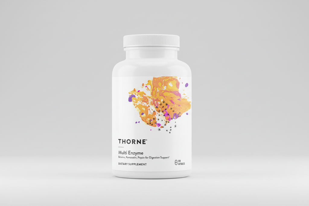White supplement bottle labeled 'Thorne' with colorful design on a black background