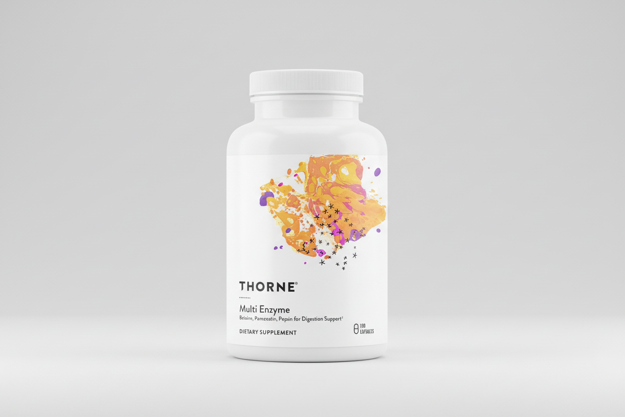 White supplement bottle labeled 'Thorne' with colorful design on a black background