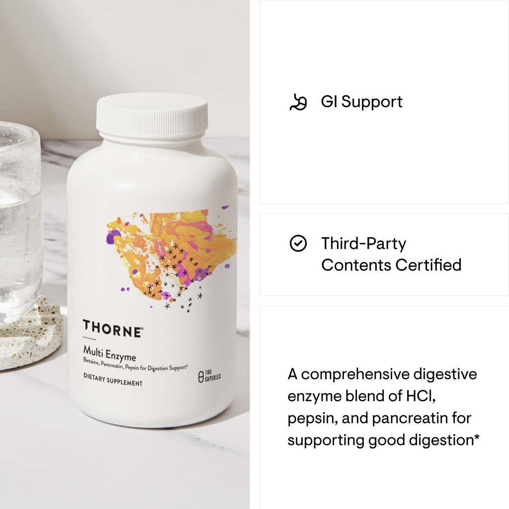 Thorne Multi Enzyme supplement bottle with product details on a white background