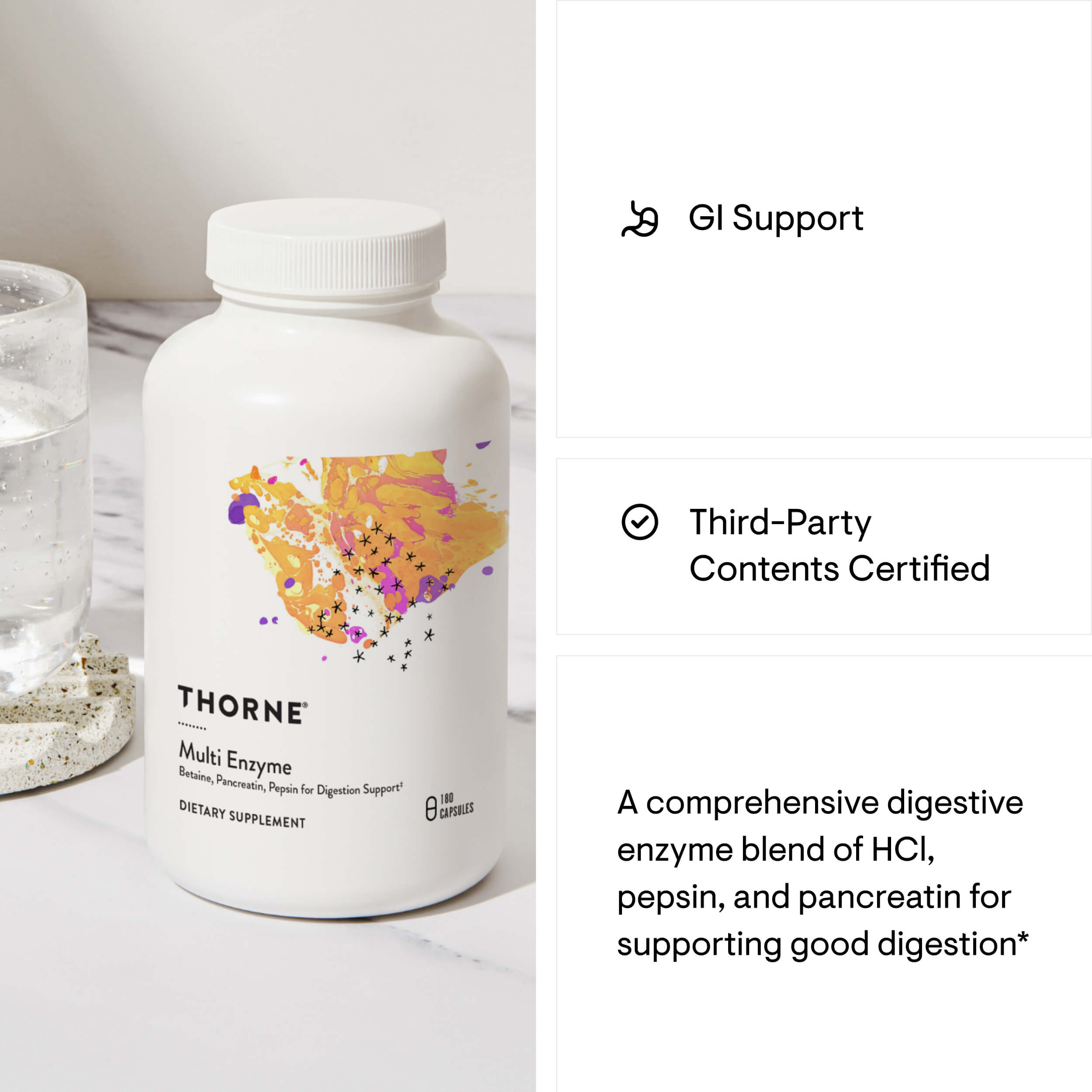 Thorne Multi Enzyme supplement bottle with product details on a white background