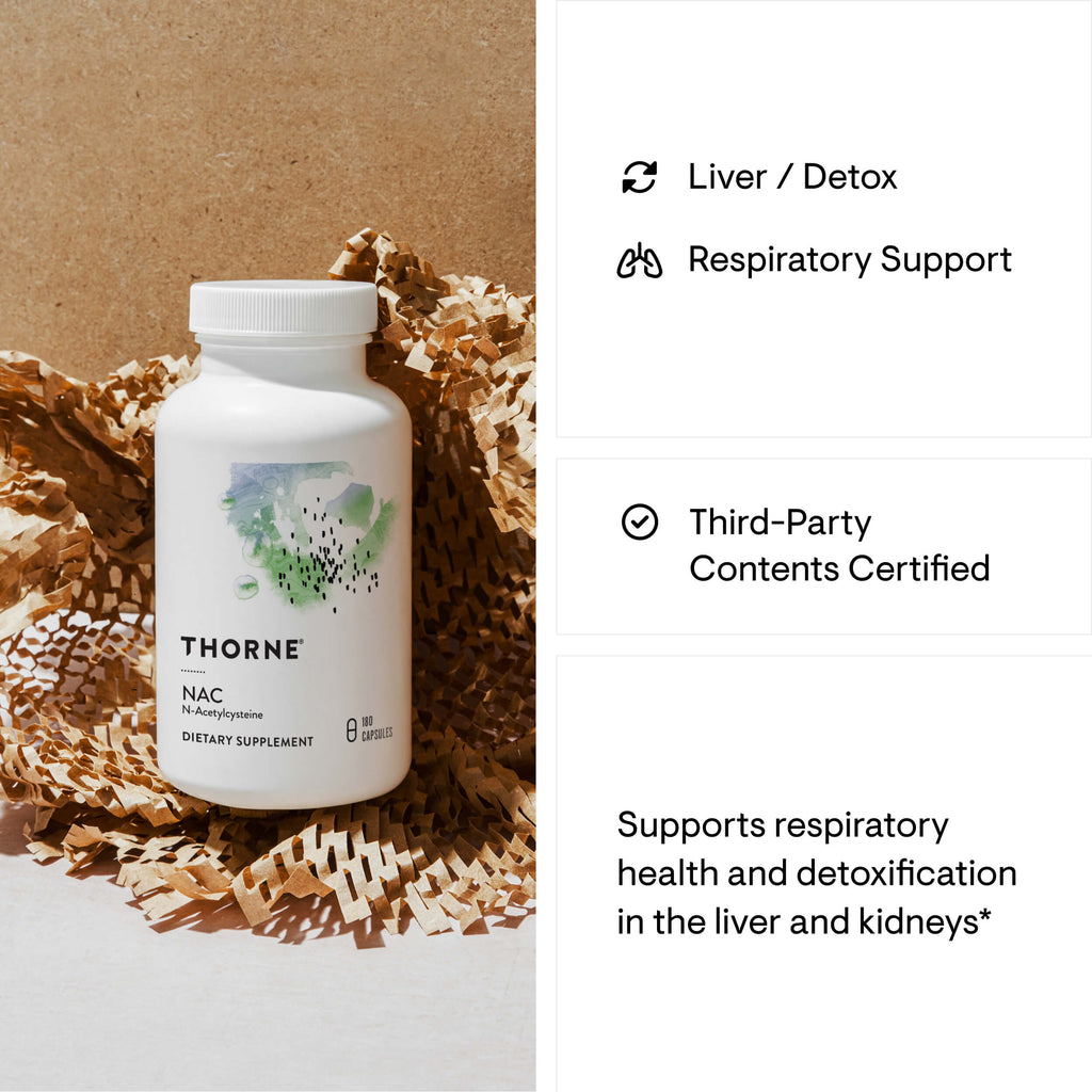 Thorne NAC supplement bottle with text on liver, detox, respiratory support, and third-party certification.