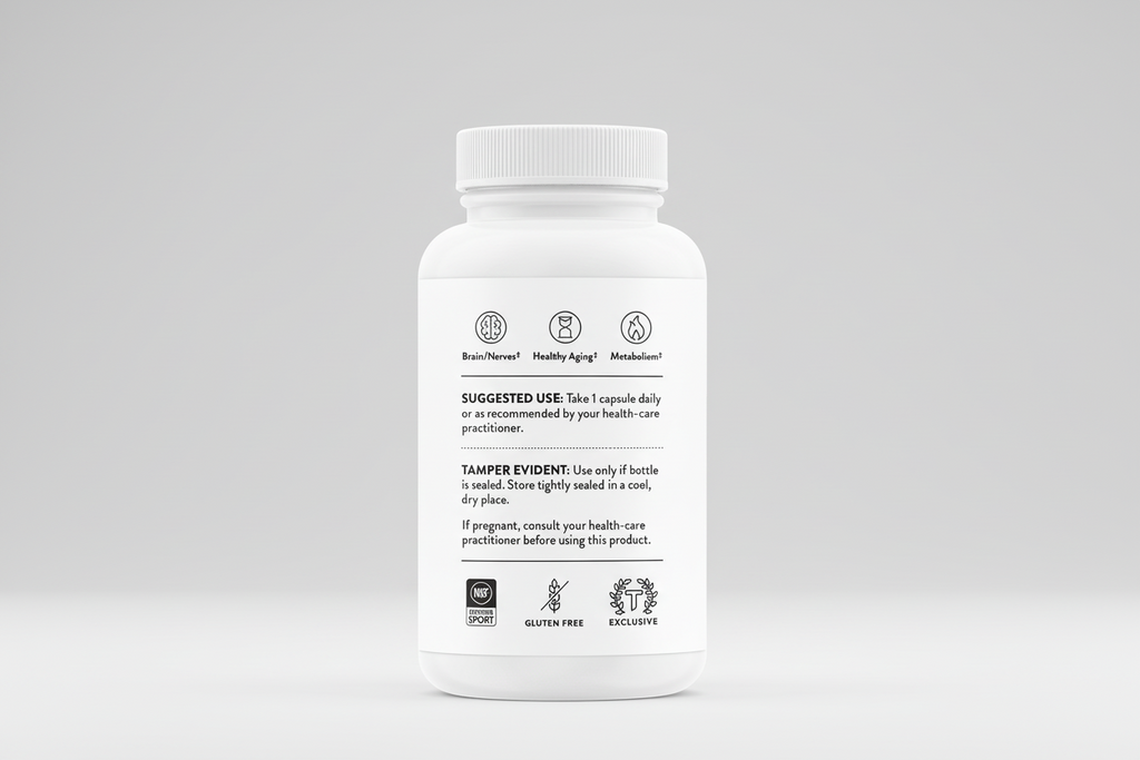 White supplement bottle with label on a black background