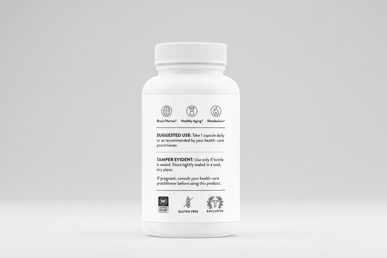 White supplement bottle with label on a black background