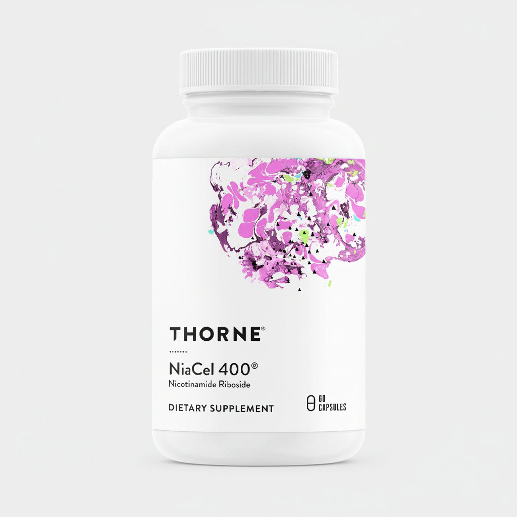 Thorne NiaCel 400 dietary supplement bottle on a white background