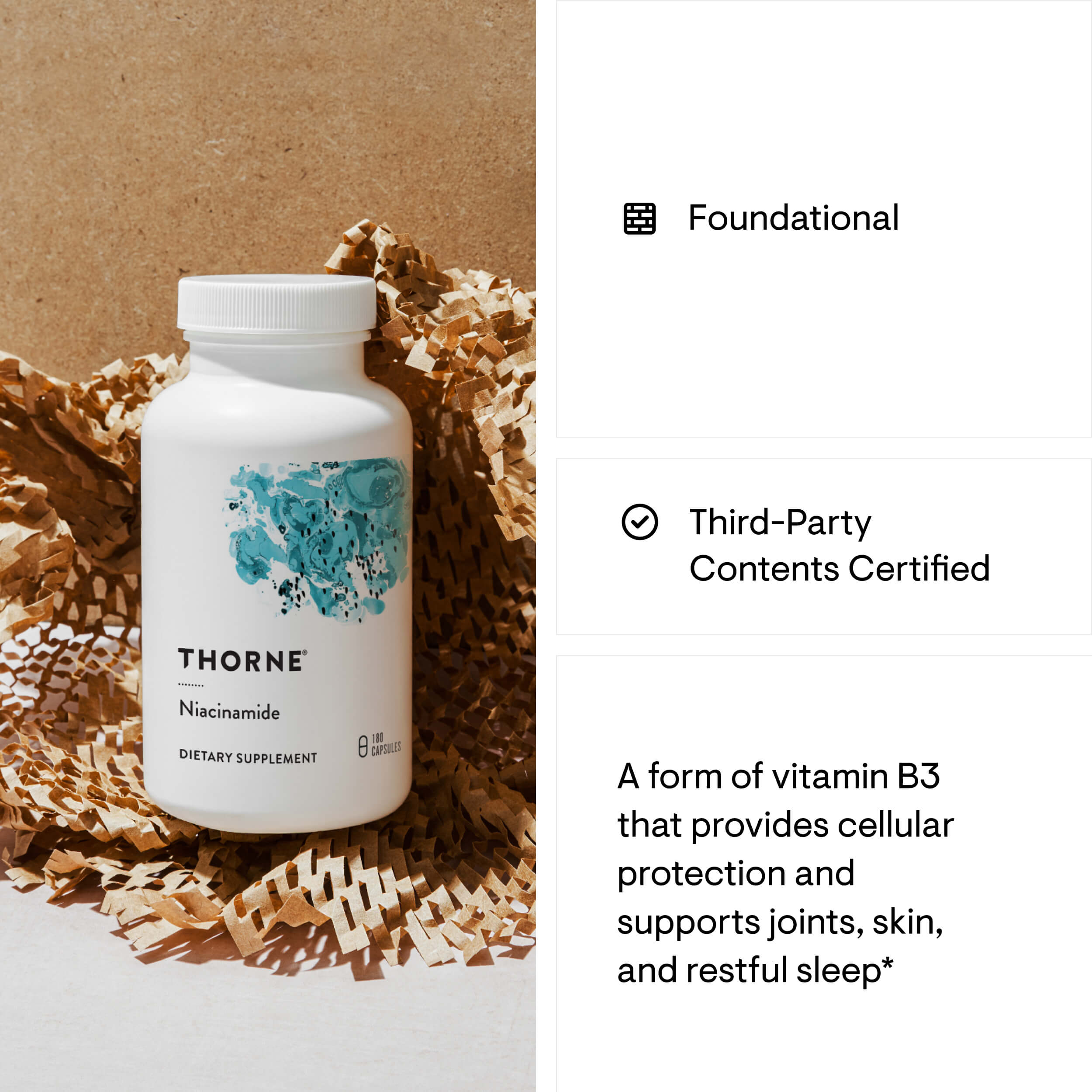Thorne Niacinamide supplement bottle on a textured surface with certification details.