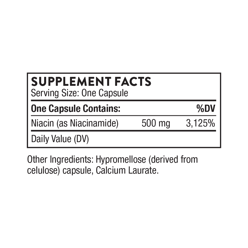 Supplement facts label for a capsule containing Niacin with serving size and daily value information.