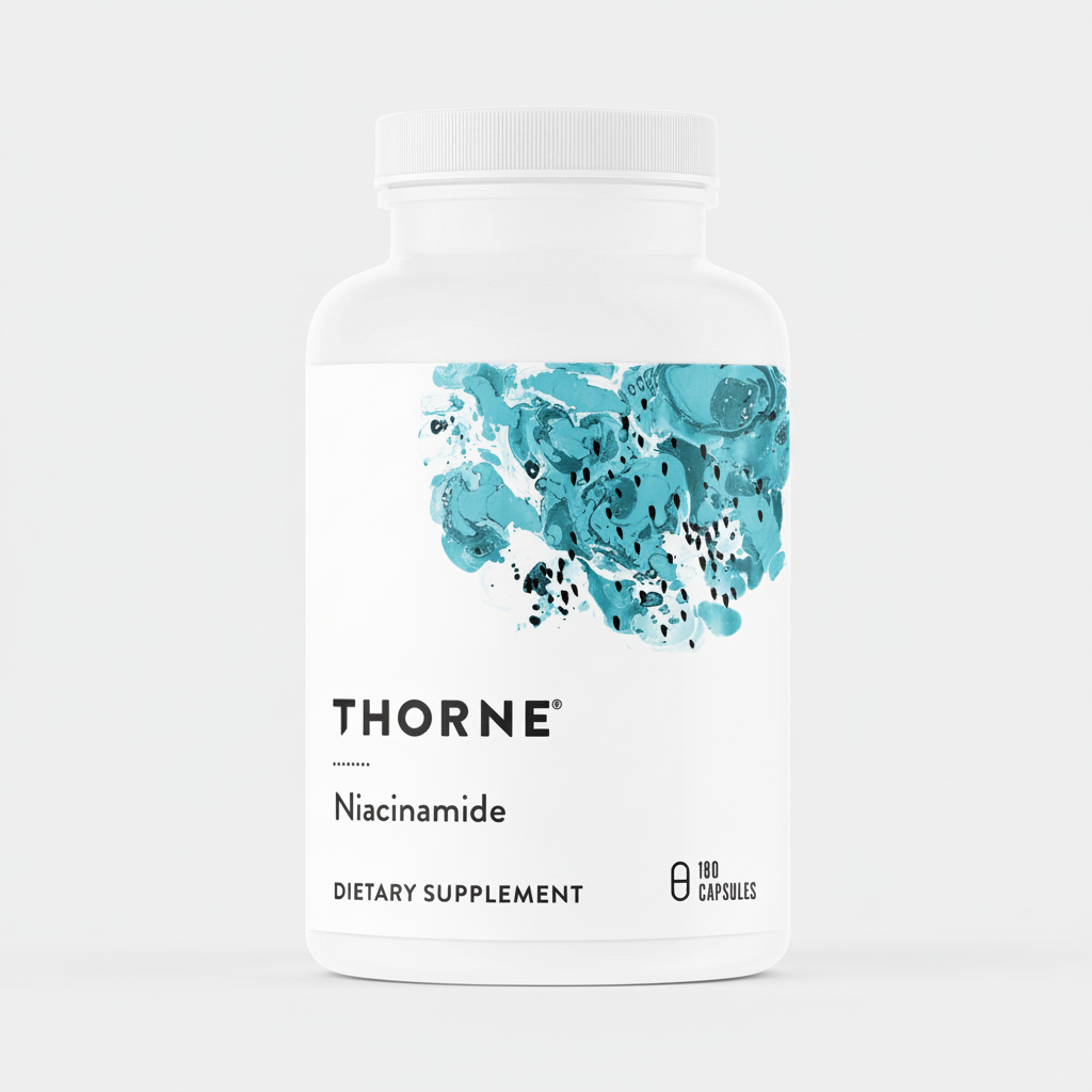 Thorne Niacinamide dietary supplement bottle on a white background