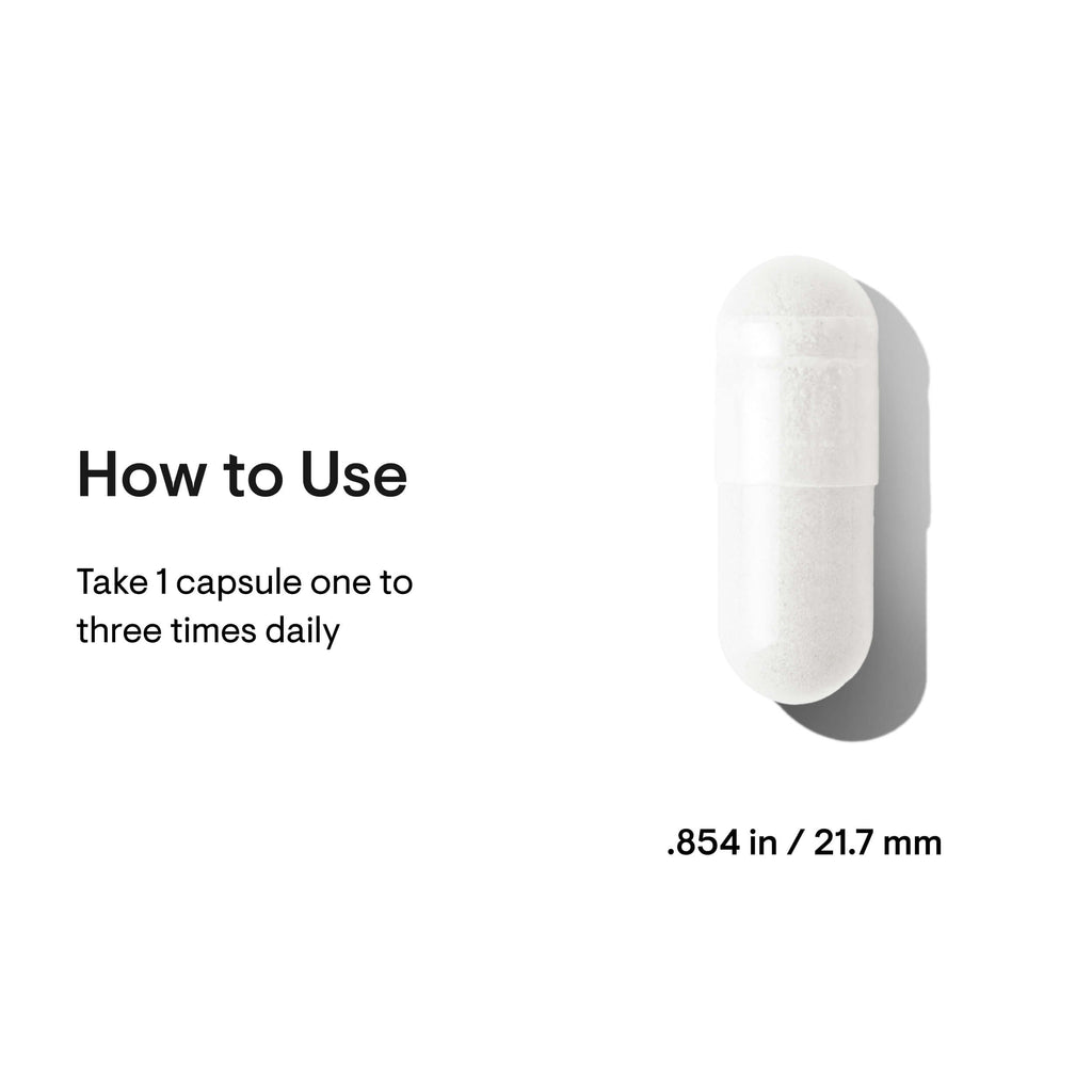 White capsule with text on how to use and dimensions on a white background