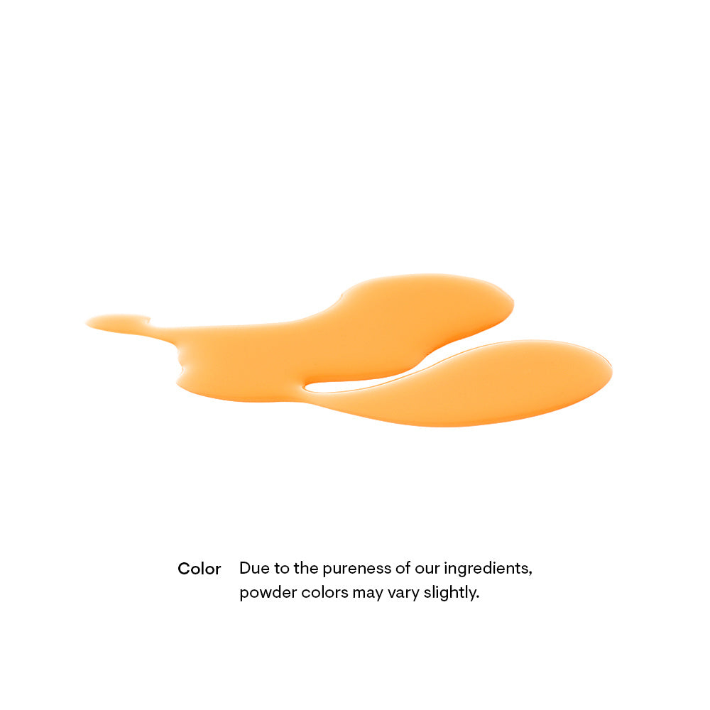 Two orange color swatches on a white background with text about ingredient purity.