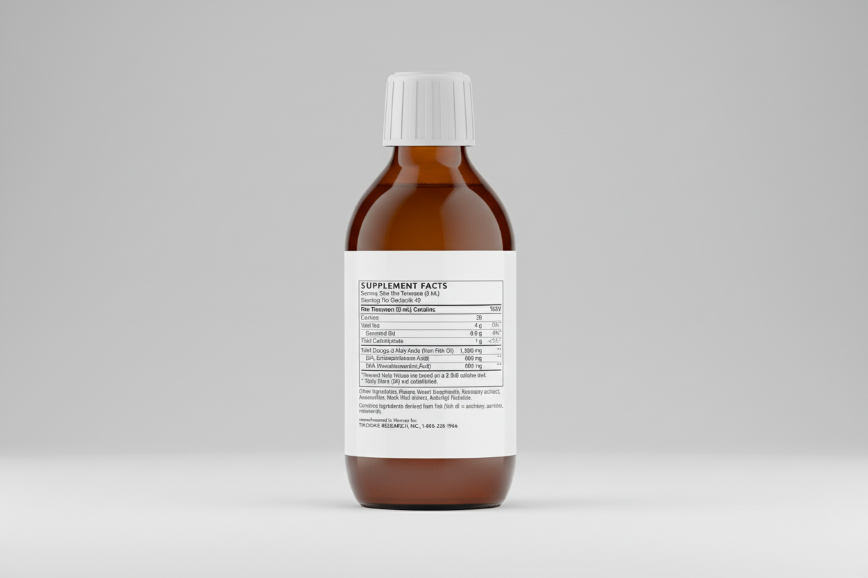 Bottle with a label showing supplement facts on a white background