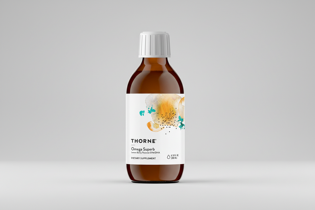 Thorne Omega Superb dietary supplement bottle on a black background