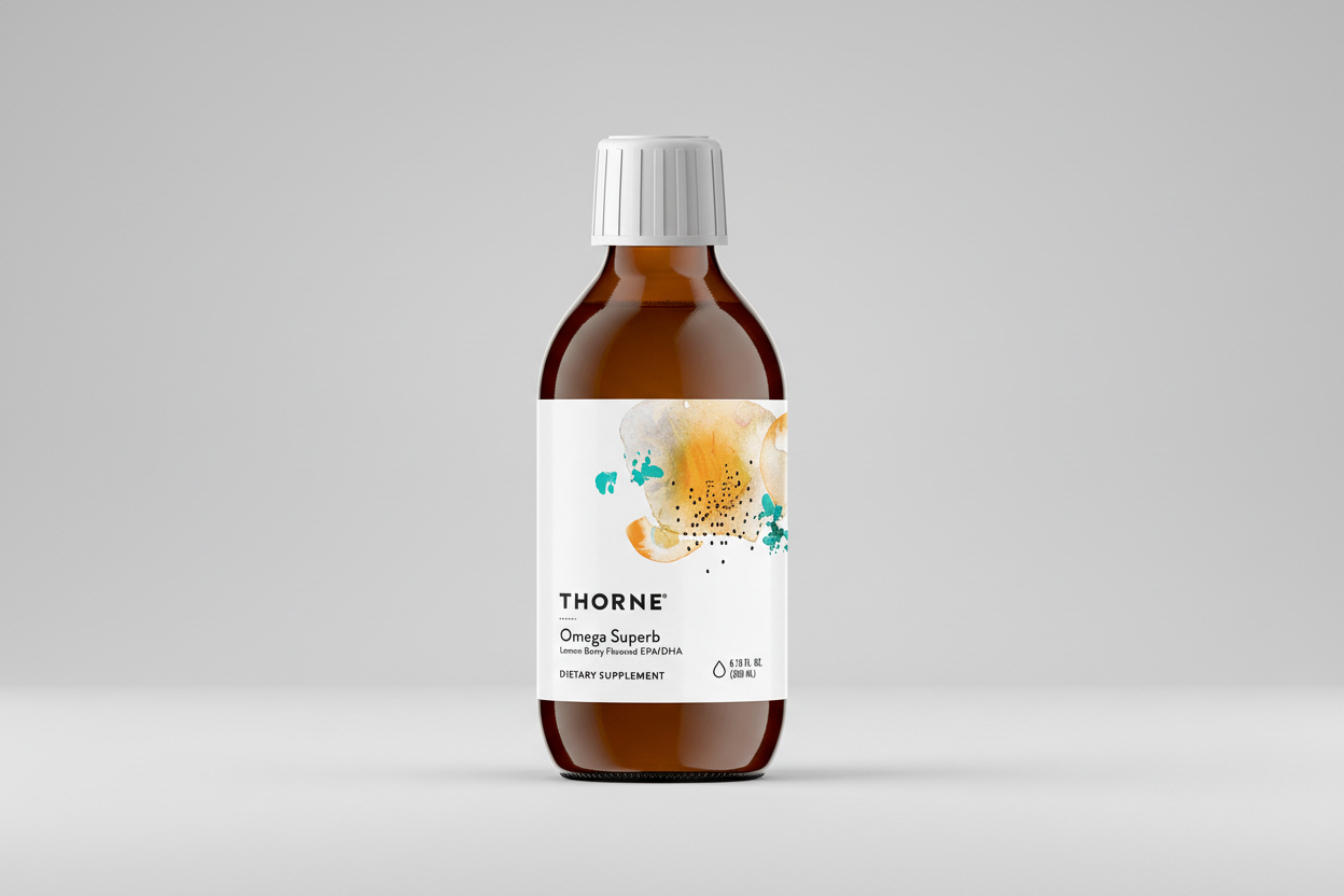 Thorne Omega Superb dietary supplement bottle on a black background