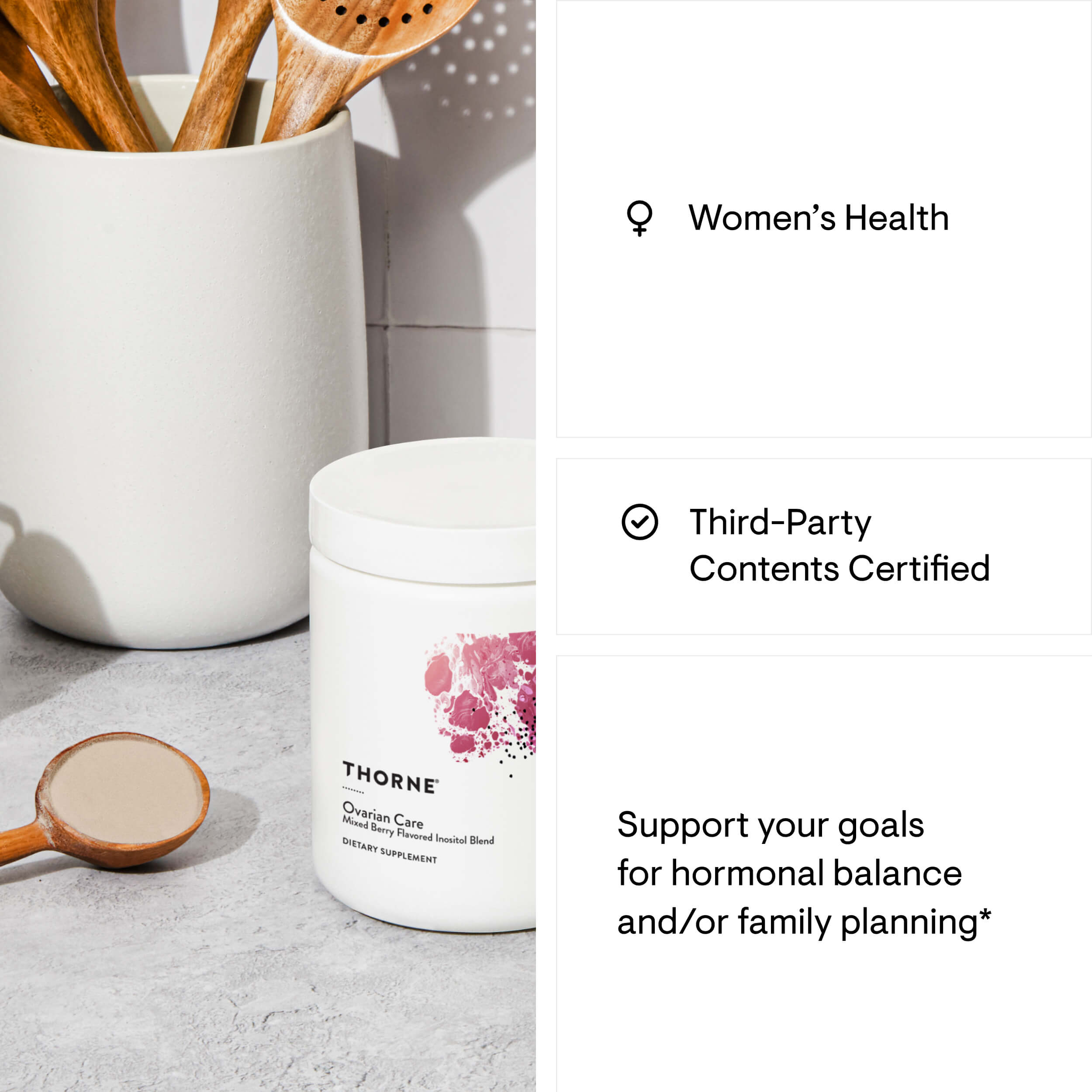 Thorne Women's Health supplement container with wooden spoons in the background