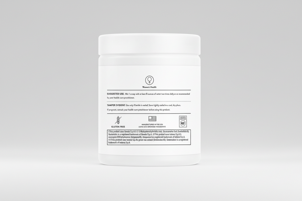 Back label of a supplement container with text and logos on a white background
