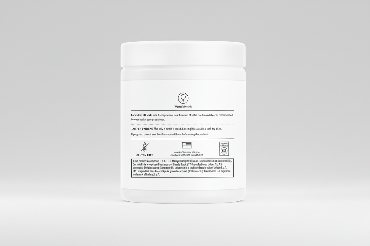 Back label of a supplement container with text and logos on a white background