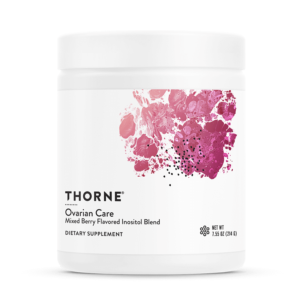Thorne Ovarian Care dietary supplement container with pink floral design on a white background