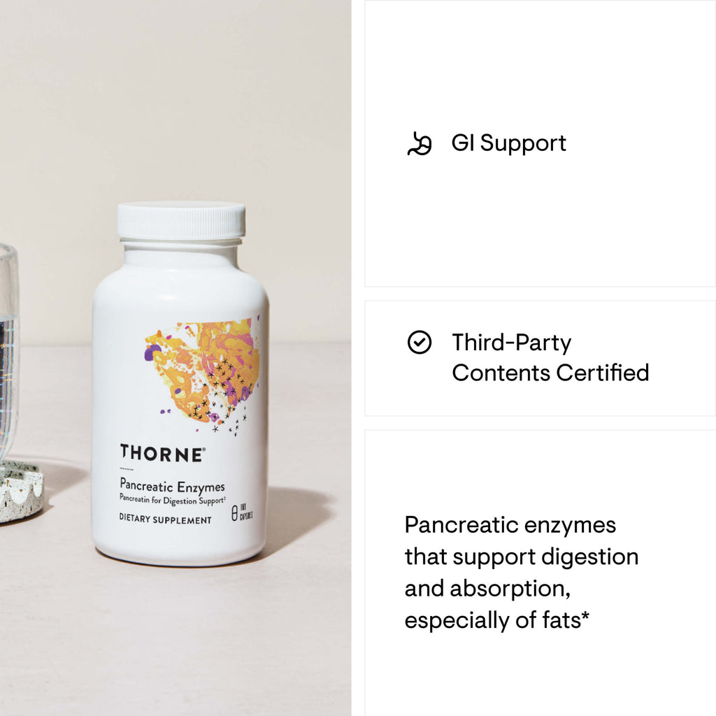 Thorne pancreatic enzymes supplement bottle with certification details on a light background