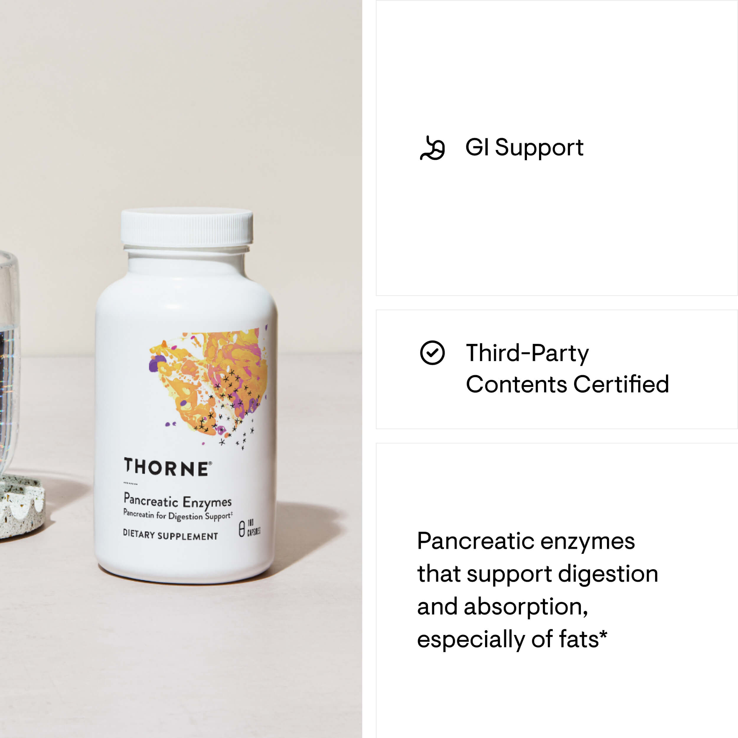 Thorne pancreatic enzymes supplement bottle with certification details on a light background