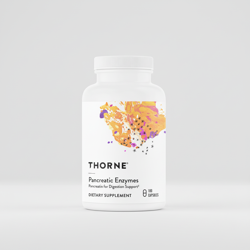 Thorne Pancreatic Enzymes dietary supplement bottle on a black background