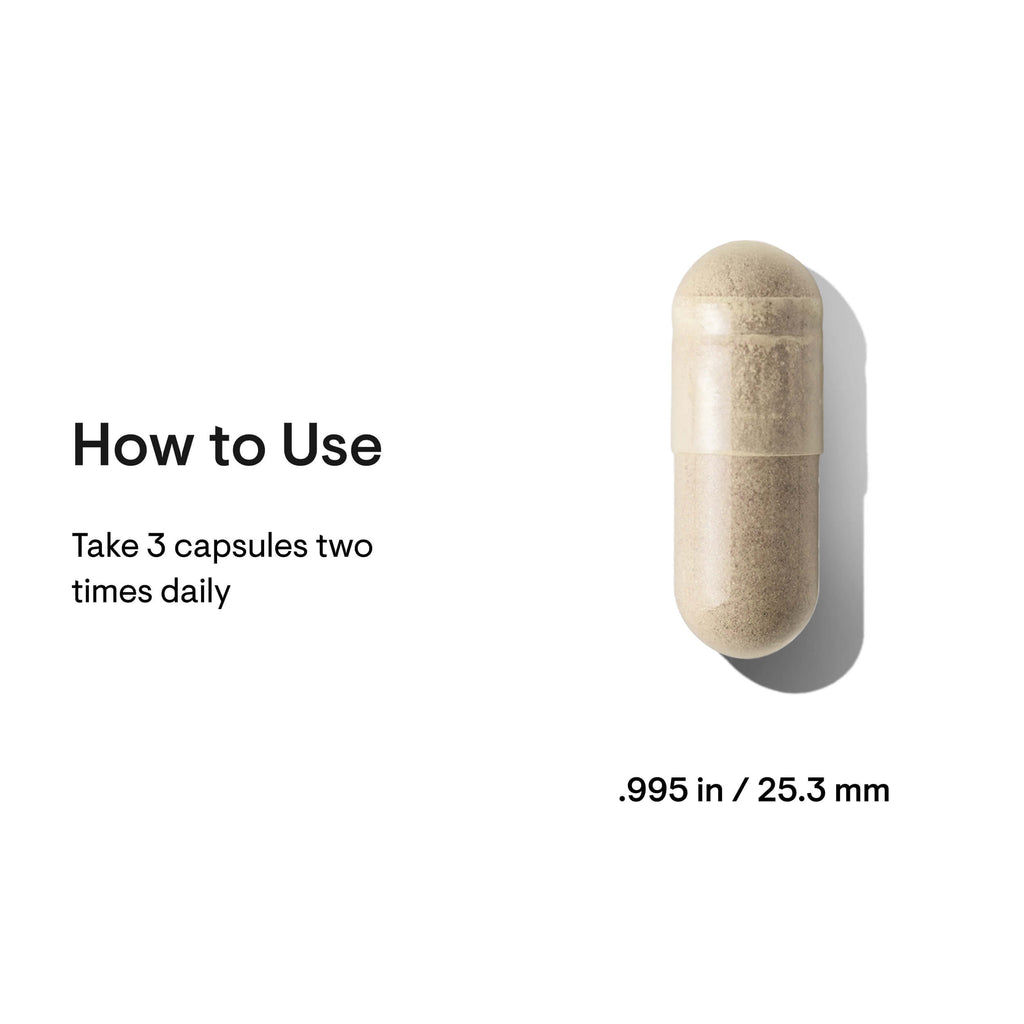 Beige capsule pill with usage instructions on a white background
