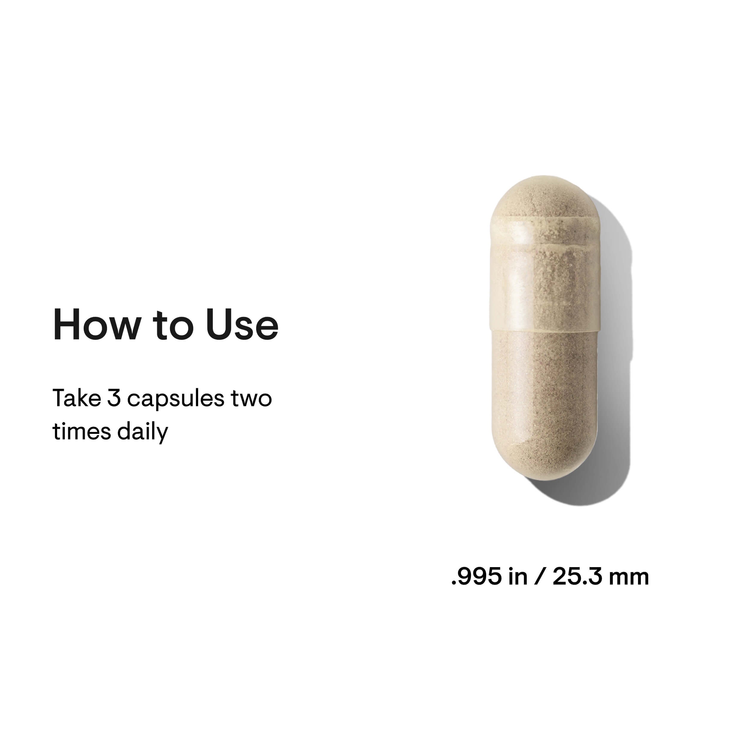 Beige capsule pill with usage instructions on a white background