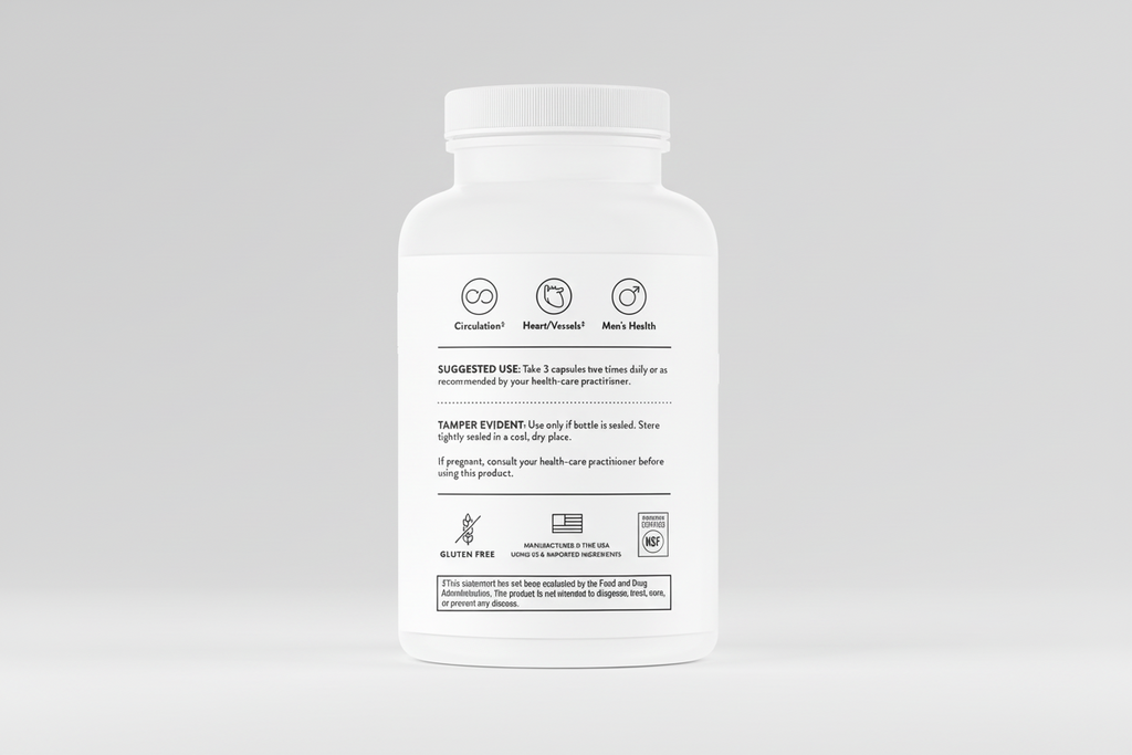 Supplement bottle label with text on a white background