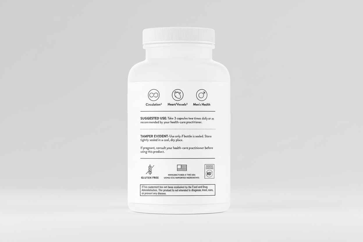 Supplement bottle label with text on a white background