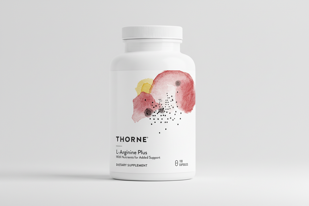 Thorne L-Arginine Plus dietary supplement bottle on a white background