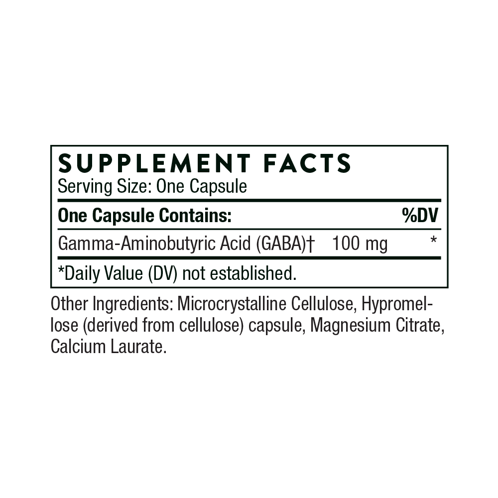 Supplement facts label for a capsule containing Gamma-Aminobutyric Acid (GABA) on a white background.