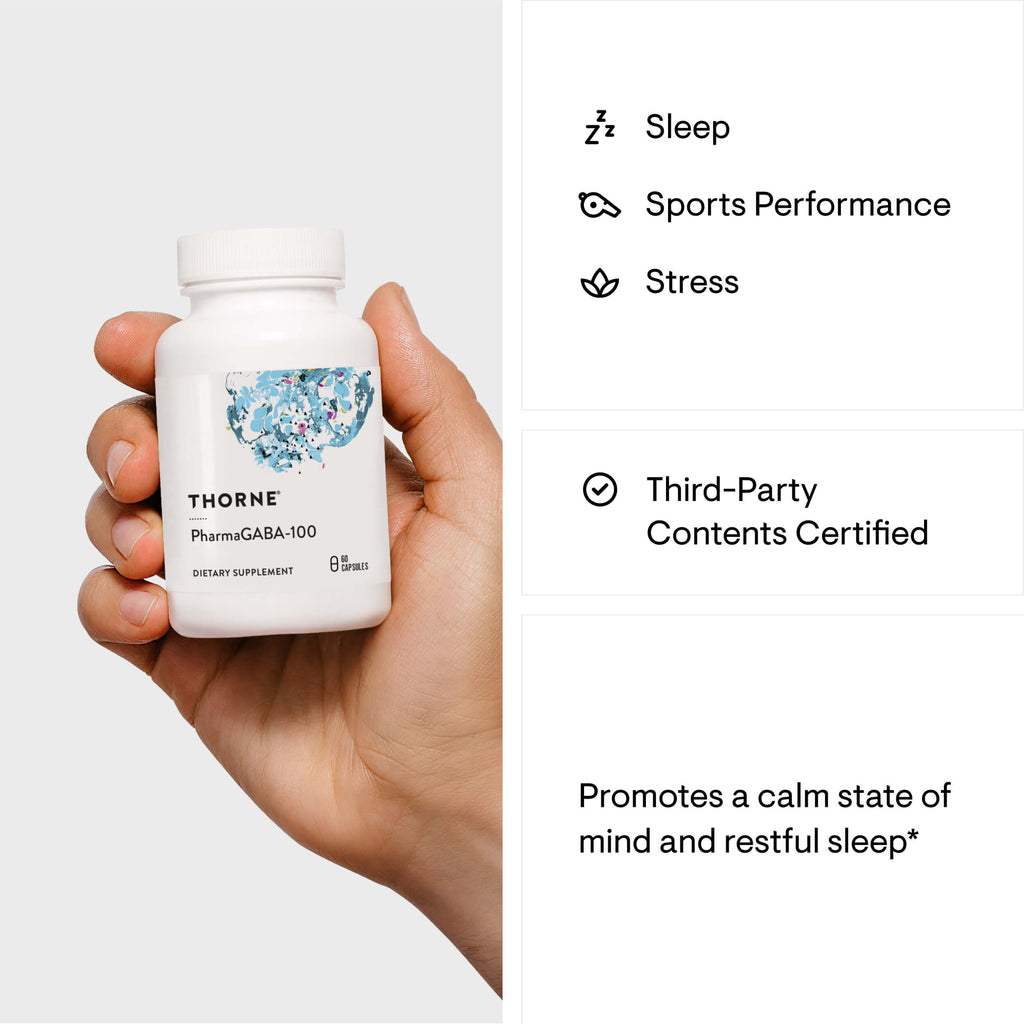 Hand holding a Thorne supplement bottle with product features listed on the right.