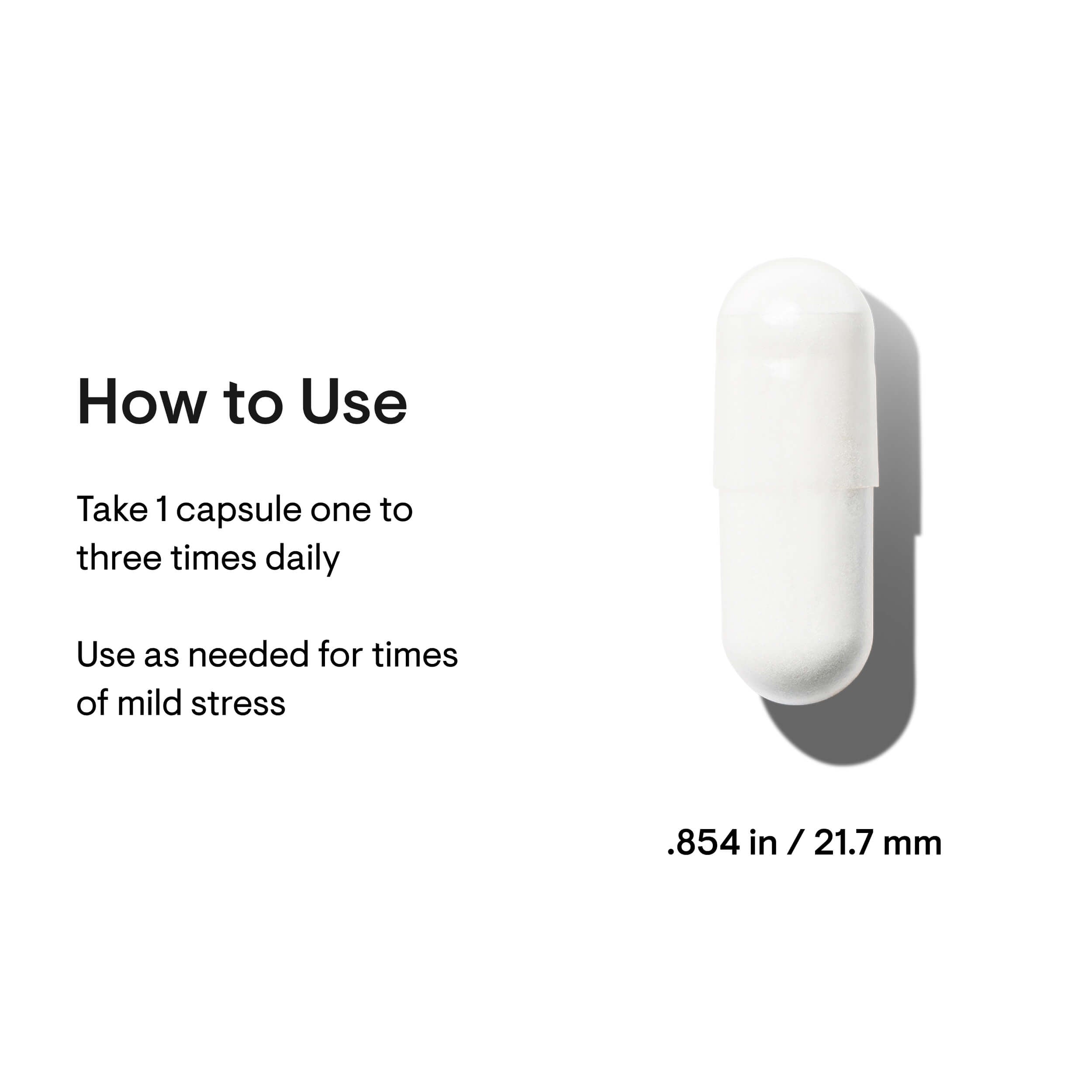 White capsule with usage instructions and dimensions on a white background