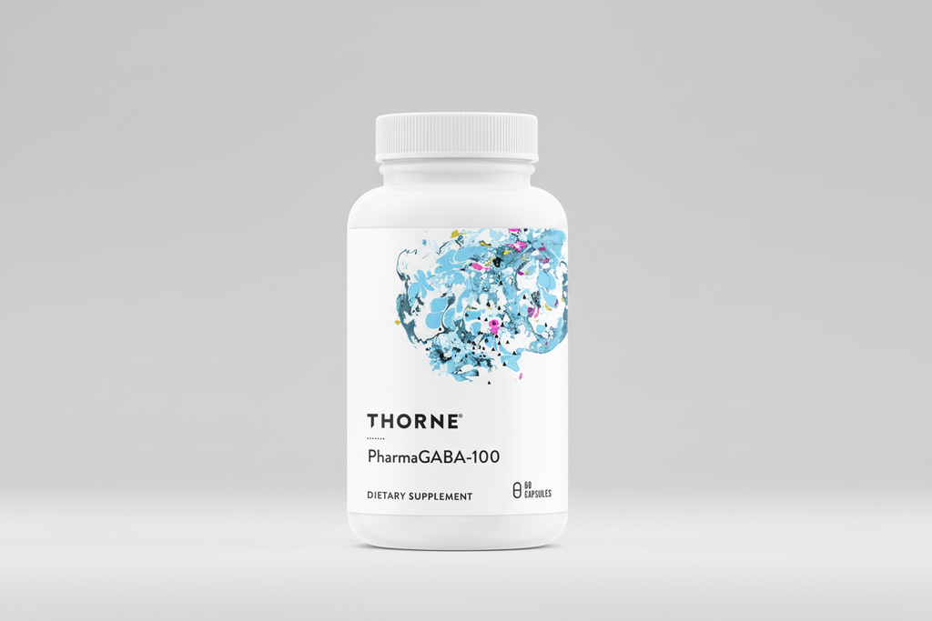 Thorne Research PharmaGABA-100 dietary supplement bottle on a white background