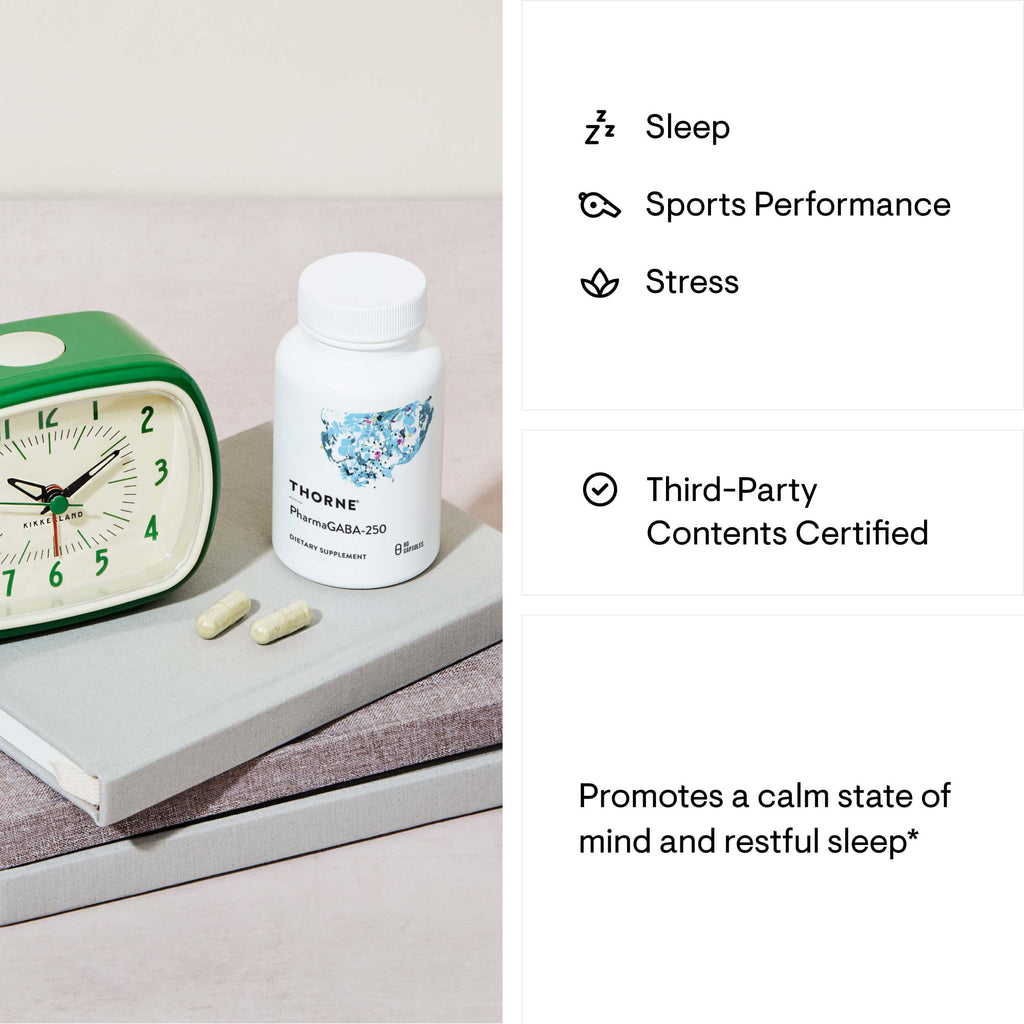 Thorne Research supplement bottle with two capsules on a surface next to a clock, with text about product benefits.