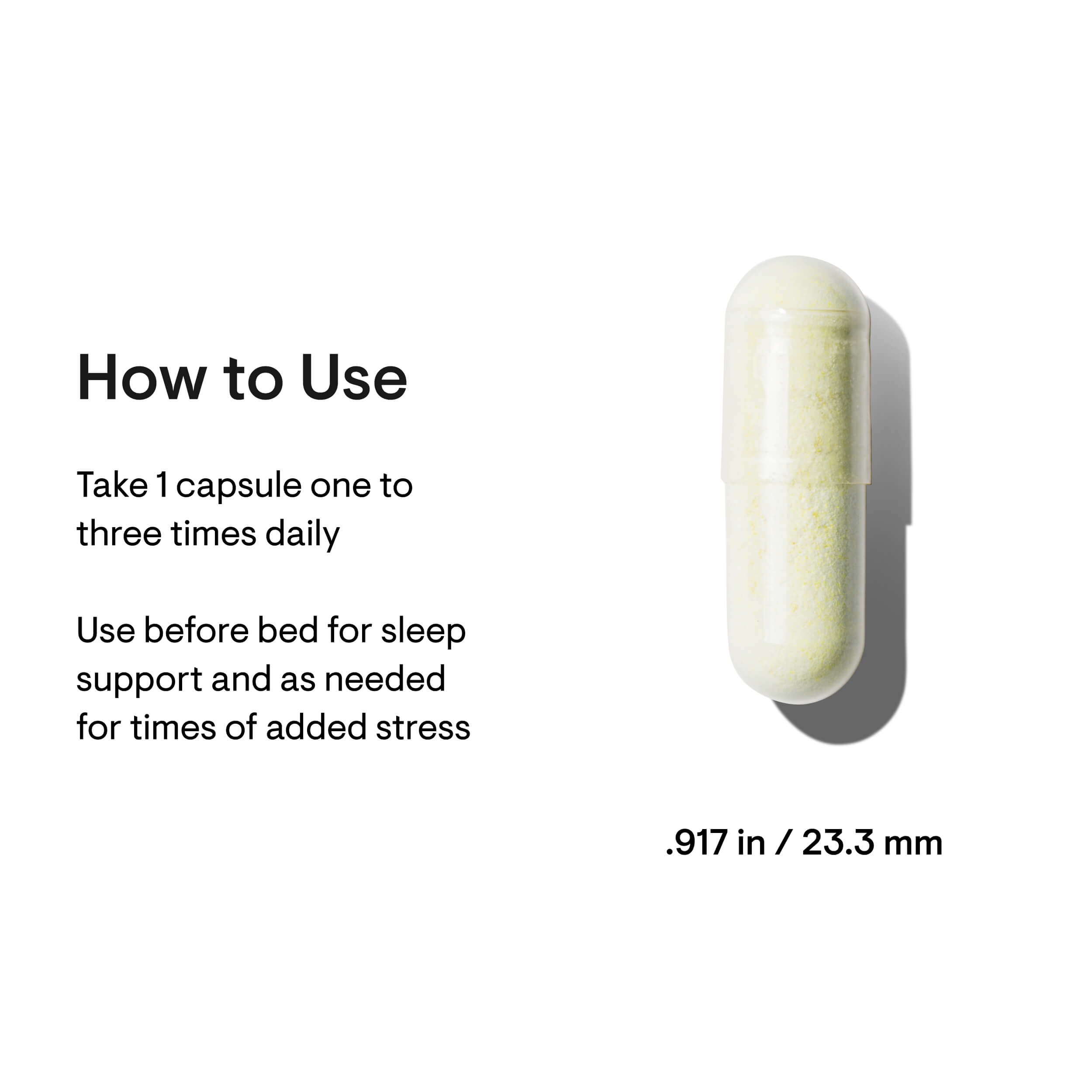 Capsule with usage instructions and dimensions on a white background