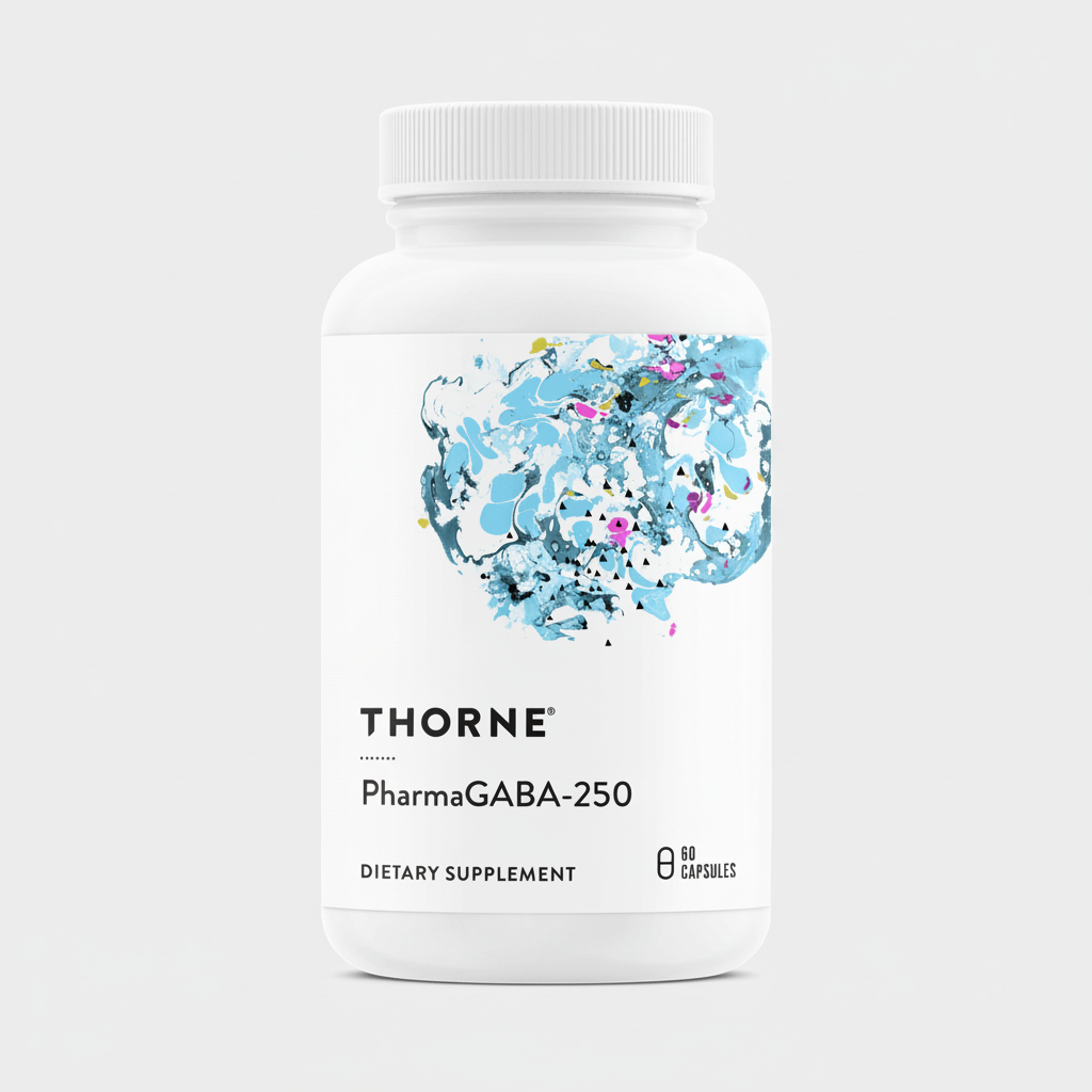 Thorne Research PharmaGABA-250 dietary supplement bottle on a white background